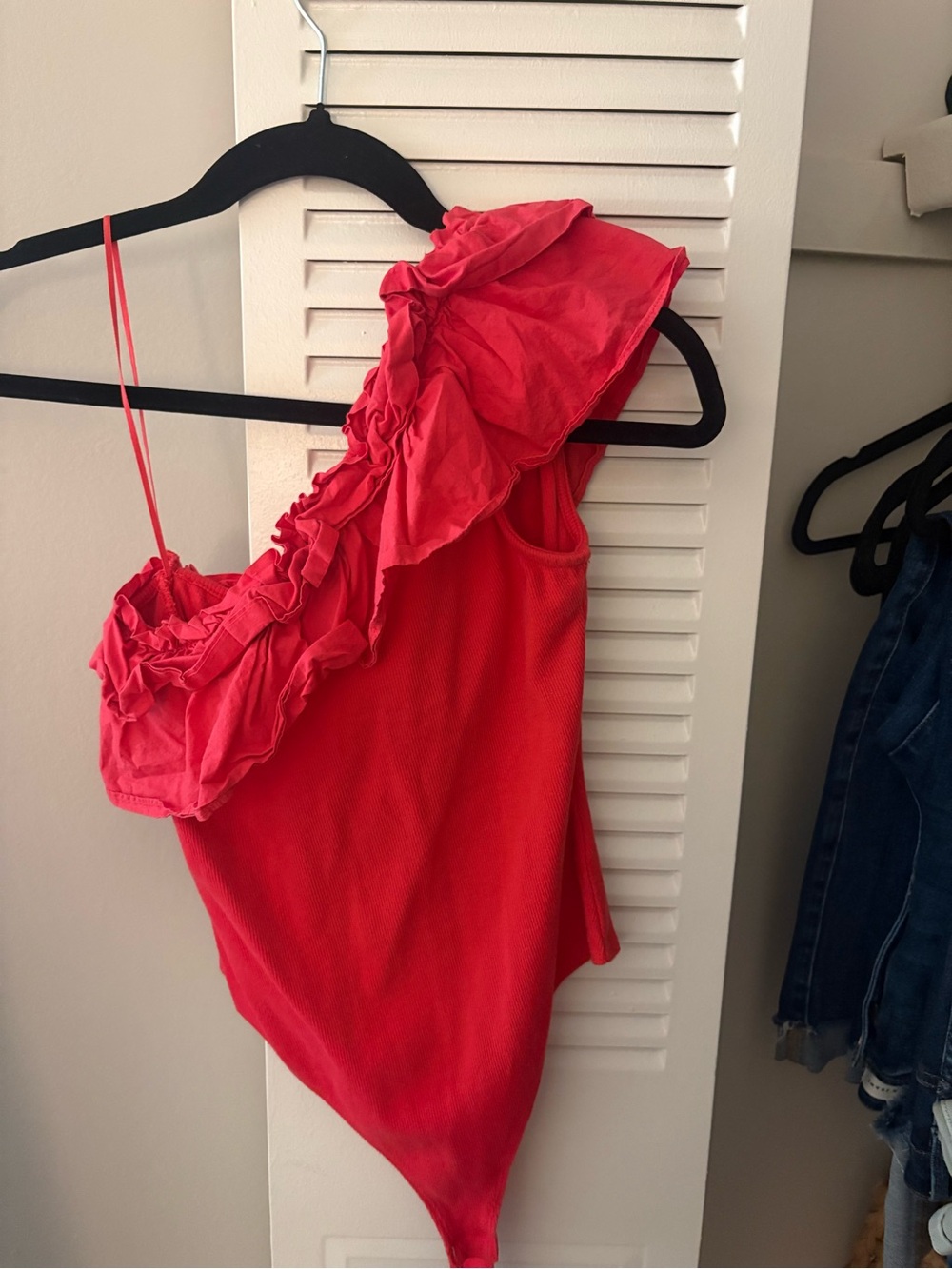 Society One-Shoulder Ruffle Red Bodysuit